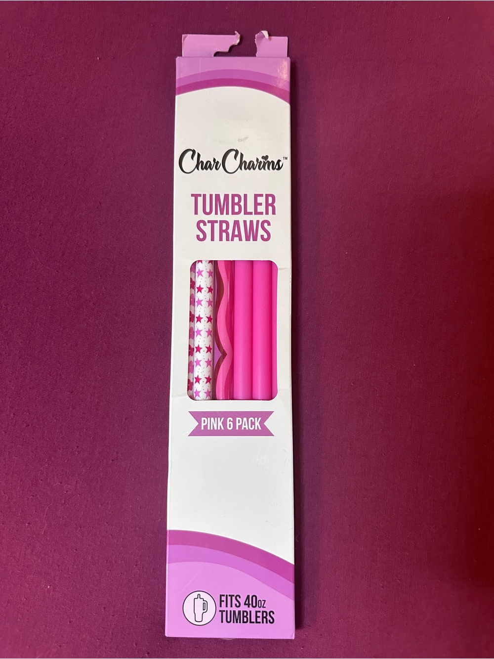 NIB- CharCharms 40 oz Tumbler Straws- Pink 6 Pack- $11.99 Retail